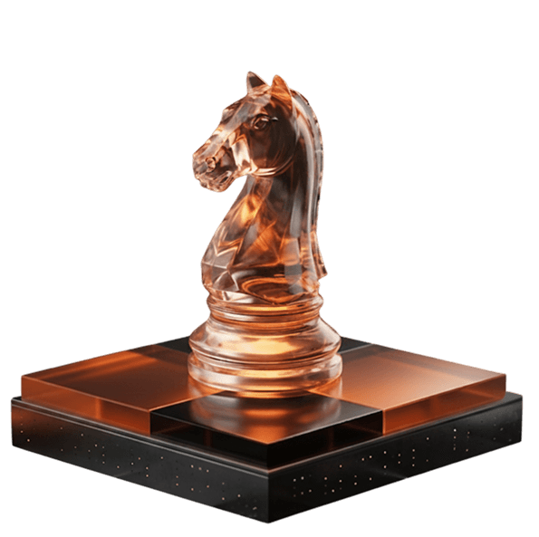 Glass chess knight on a black and orange pedestal